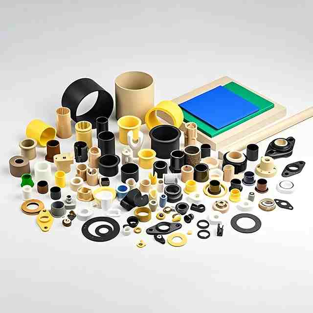 Plastic bushings (EP12, EP15, Iglide etc.) are used with low friction and wear, typical of things you find in cars, machines, and automation.