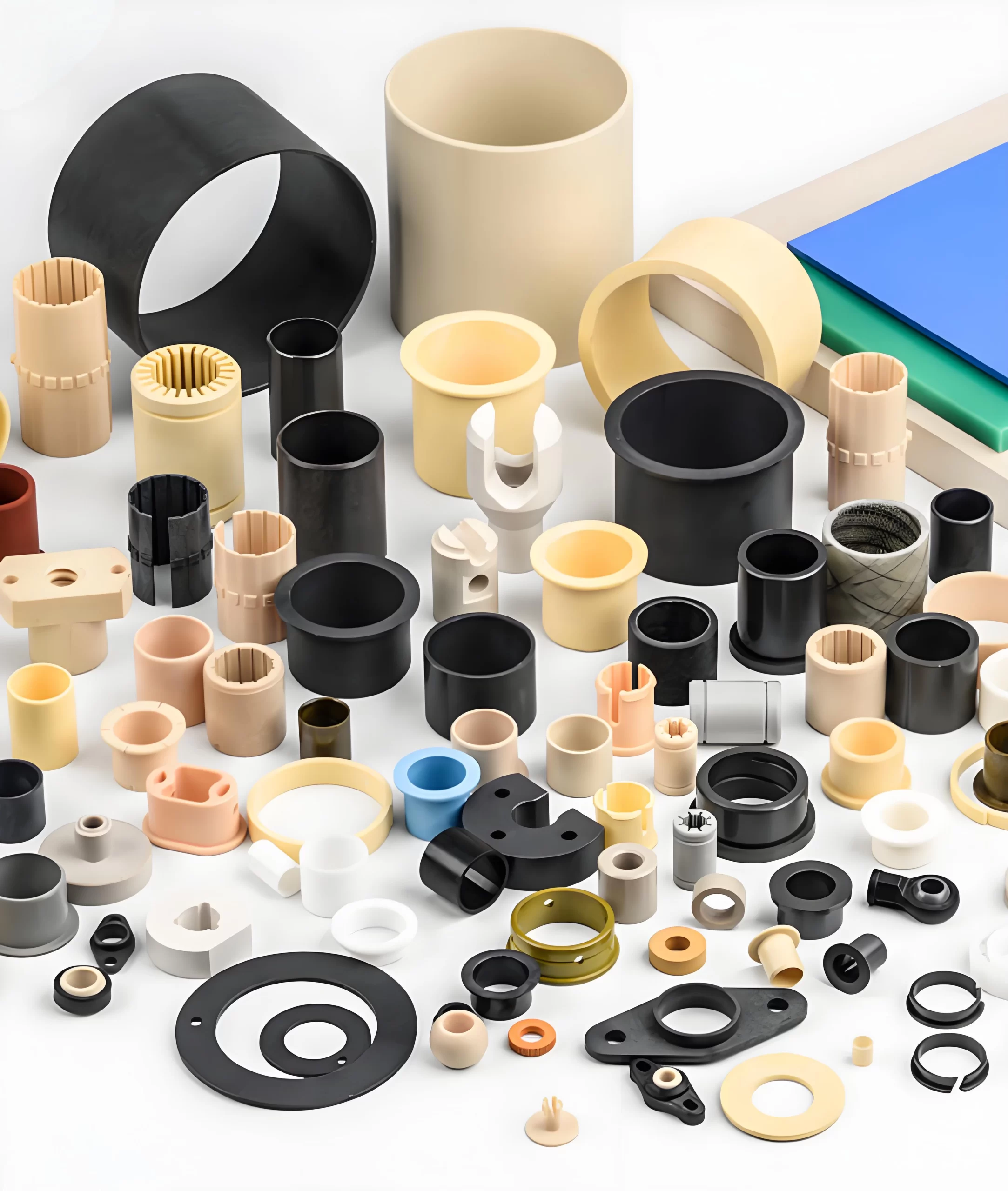 Plastic bushings (EP12, EP15, Iglide etc.) are used with low friction and wear, typical of things you find in cars, machines, and automation.