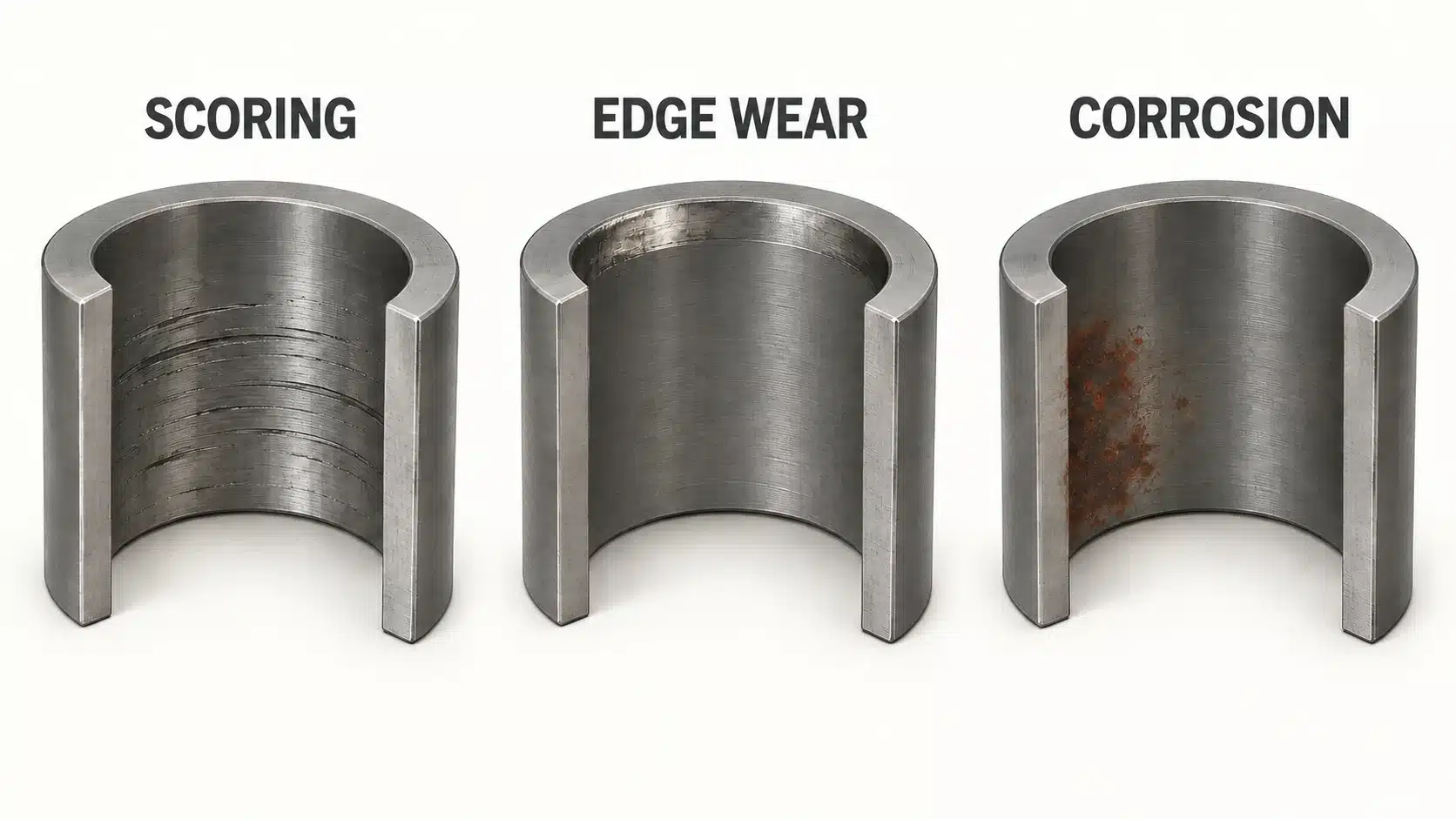 Illustrative comparison of scoring, wear near one axial end and corrosion on steel bushing inner surfaces