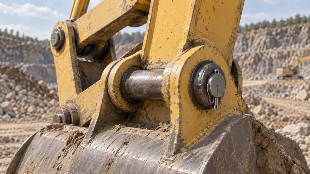 Illustration of an excavator bucket linkage with a visible steel pivot pin and retaining hardware