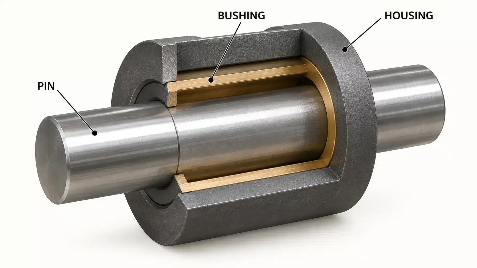 Cutaway illustration showing the steel pin, bronze-colored bushing and supporting housing
