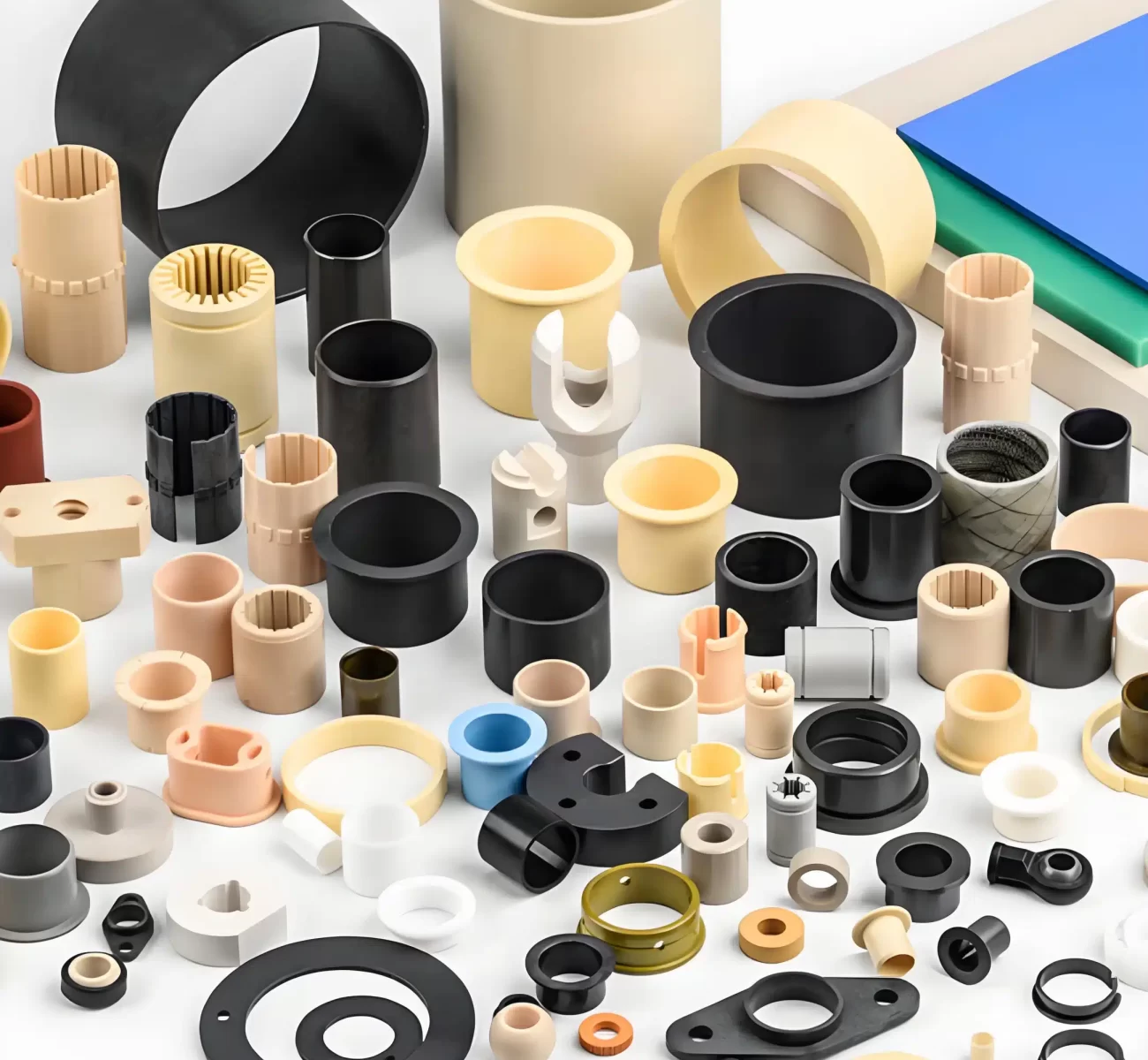 Plastic bushings (EP12, EP15, Iglide etc.) are used with low friction and wear, typical of things you find in cars, machines, and automation. Polymer Bushing, Plastic Composite Bushing, Metal-Polymer Composite Bushing, Injection Molded Plastic Bushing, プラスチック複合ブッシュ